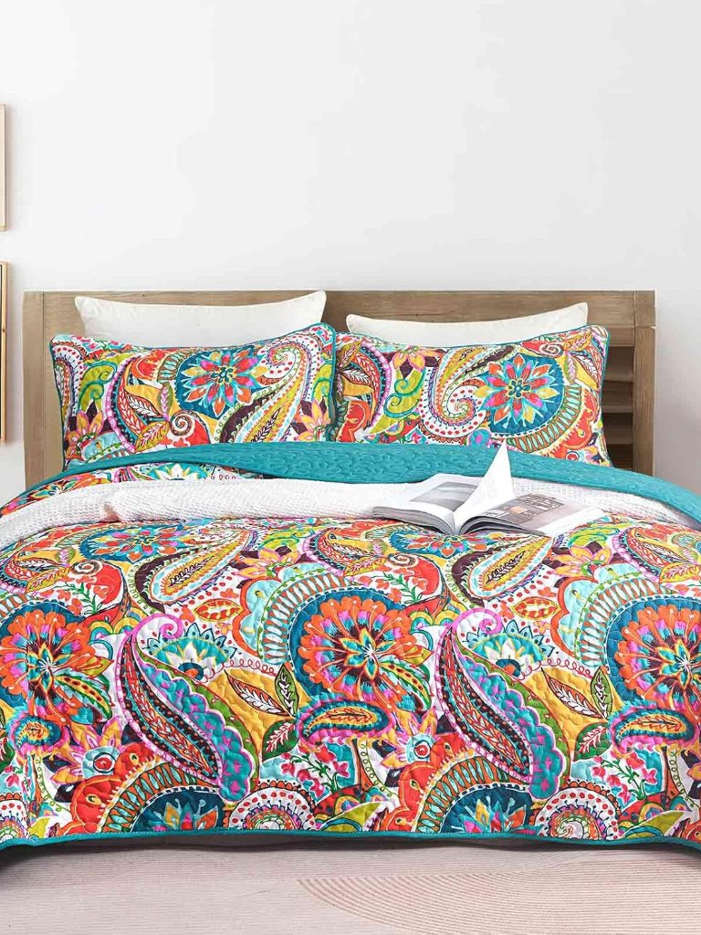Quilt Set Queen/Full Size 3 Pcs - Bohemian Teal Colorful Boho Floral Paisley Sca